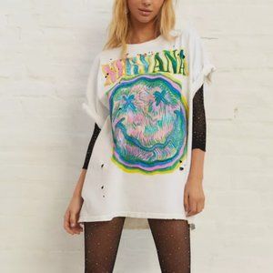 NWT URBAN OUTFITTERS UO Nirvana Distressed T-Shirt Dress White S/M